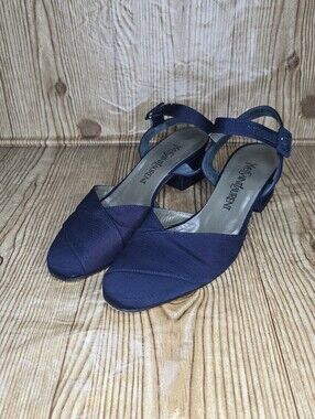 Yves Saint Laurent Navy Low Block Heels with Ankle‎ Strap Size 7.5